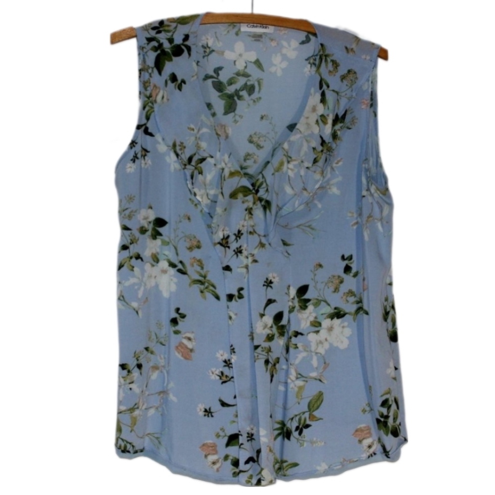 💙 Calvin Klein Blue Floral Sleeveless Blouse Size M